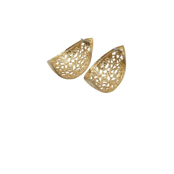 Vintage Gold-Tone Filigree Earrings Pierced Half-Moon Floral Design - Picture 3 of 4